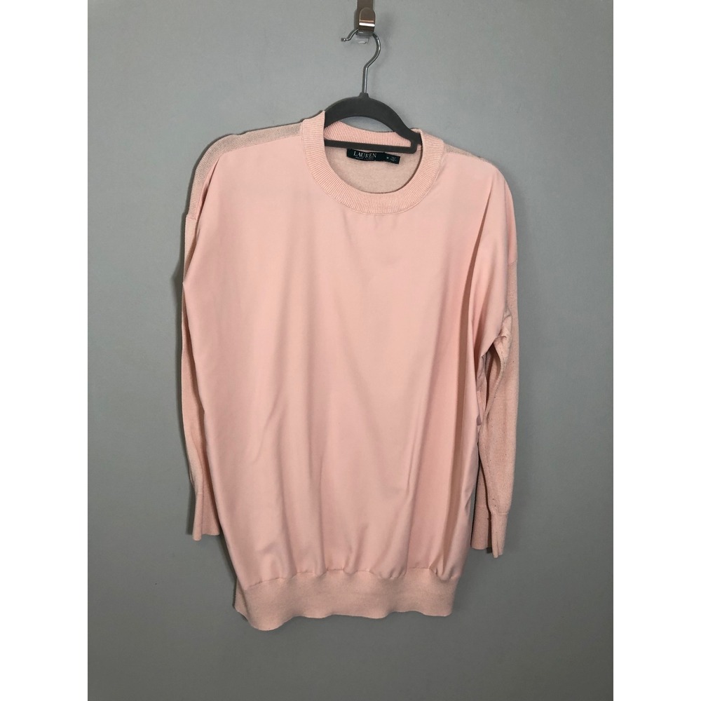 Lauren Ralph Lauren Mixed Media Sweater Women M Pink Silk Blend Knit Woven Front
